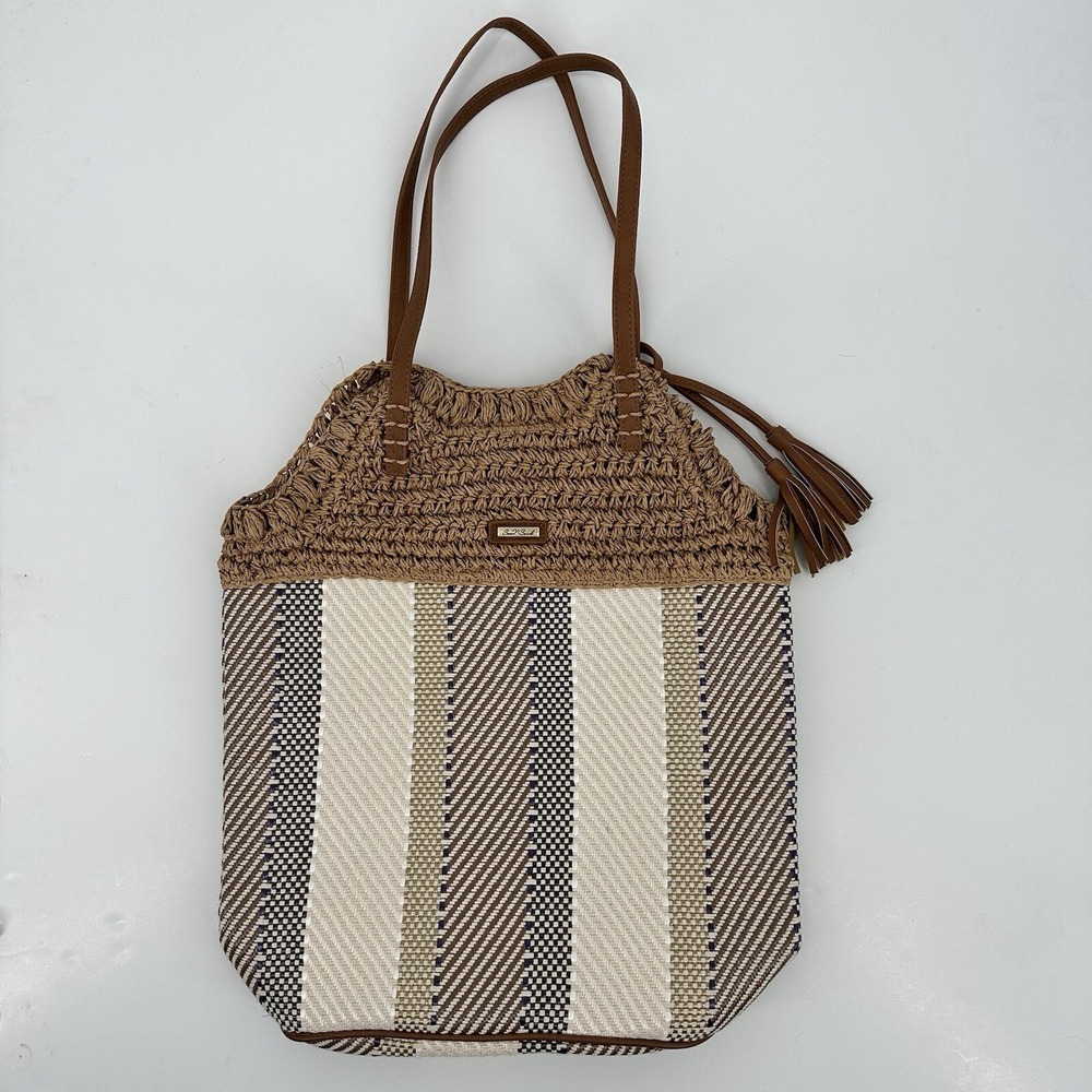 Sun N Sand Tote Shoulder Bag Large Crochet Woven Straw Striped‎ Lined Tassels